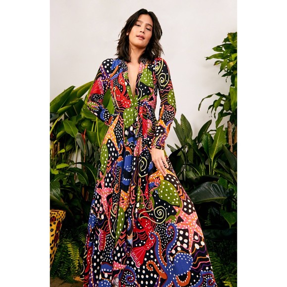 FARM Rio Dresses & Skirts - Farm Rio Small Multicolor Under The Sea Long Sleeve V-neck Ruffle Maxi Dress S